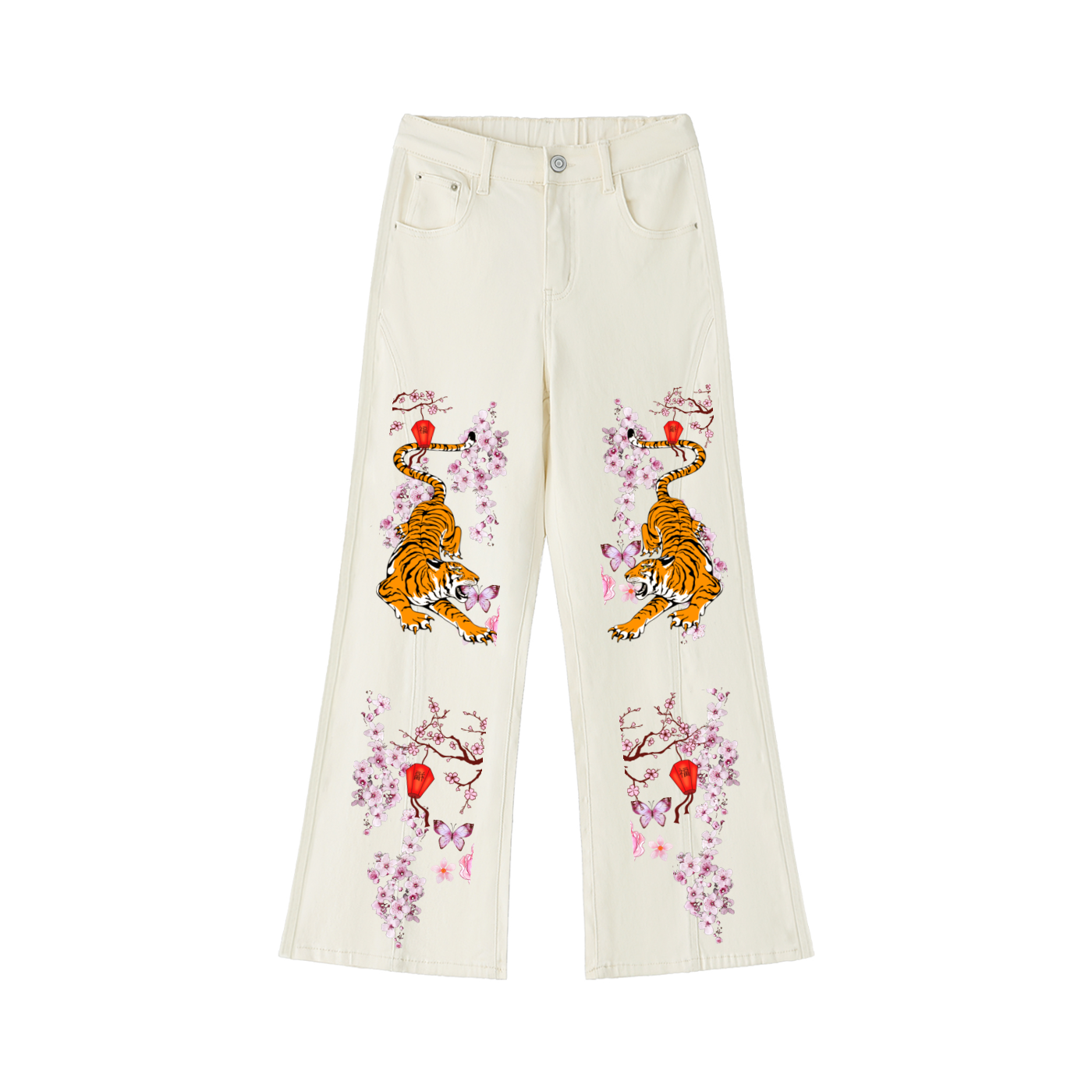 Tiger and Floral Art Graphic Women's Flared Leg Jeans