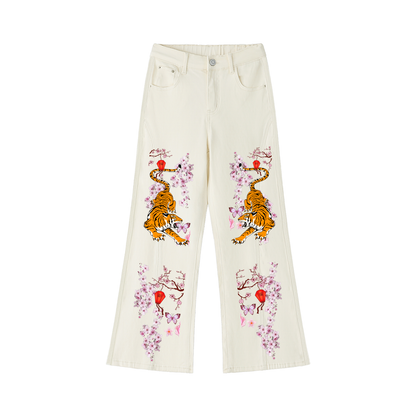 Tiger and Floral Art Graphic Women's Flared Leg Jeans