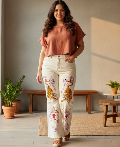 Tiger and Floral Art Graphic Women's Flared Leg Jeans