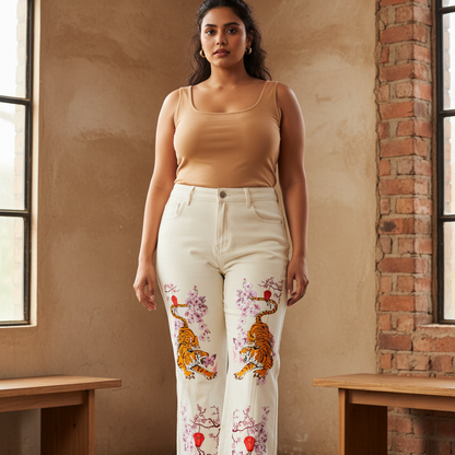 Tiger and Floral Art Graphic Women's Flared Leg Jeans
