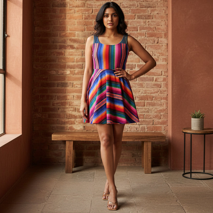 Vibrant Rainbow Striped Women's Skater Dress with a Flattering Silhouette and Playful Flare