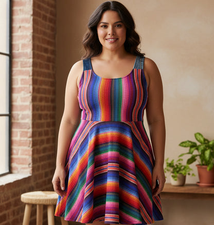 Vibrant Rainbow Striped Women's Skater Dress with a Flattering Silhouette and Playful Flare