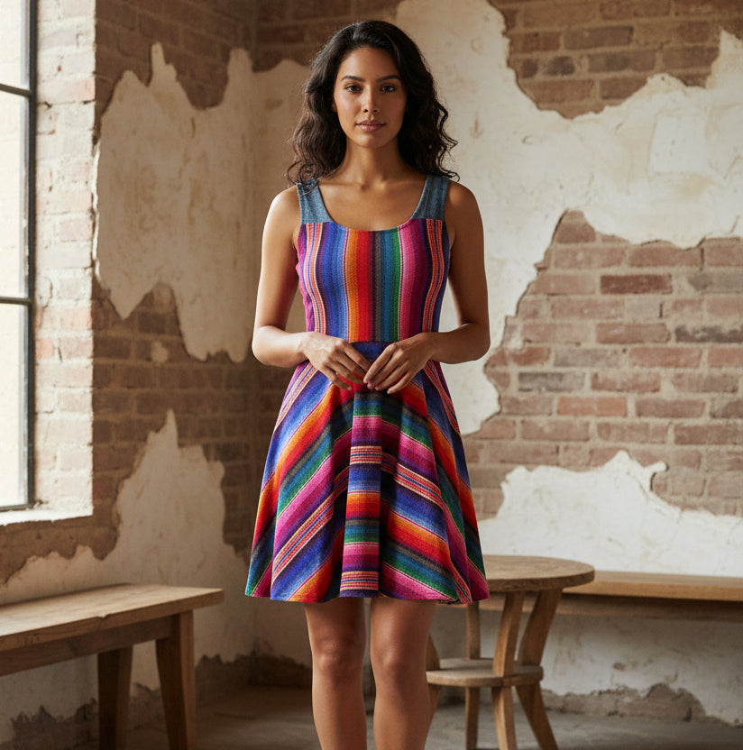 Vibrant Rainbow Striped Women's Skater Dress with a Flattering Silhouette and Playful Flare