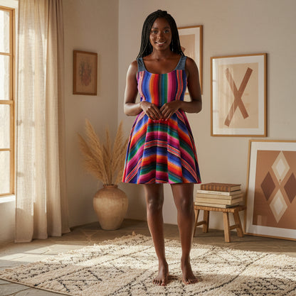 Vibrant Rainbow Striped Women's Skater Dress with a Flattering Silhouette and Playful Flare