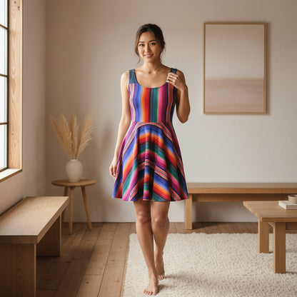 Vibrant Rainbow Striped Women's Skater Dress with a Flattering Silhouette and Playful Flare