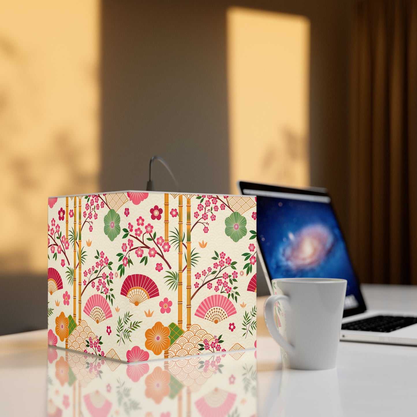 Japanese Floral Cube Lamp — Sakura Fans & Bamboo Light Cube