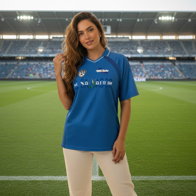 El Salvador Flag Themed Striped V-Neck Soccer Unisex Jersey