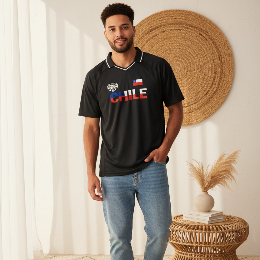 Chile Flag Themed Graphic Striped V-Neck Soccer Jersey