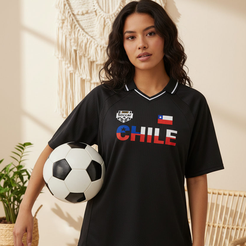 Chile Flag Themed Graphic Striped V-Neck Soccer Jersey