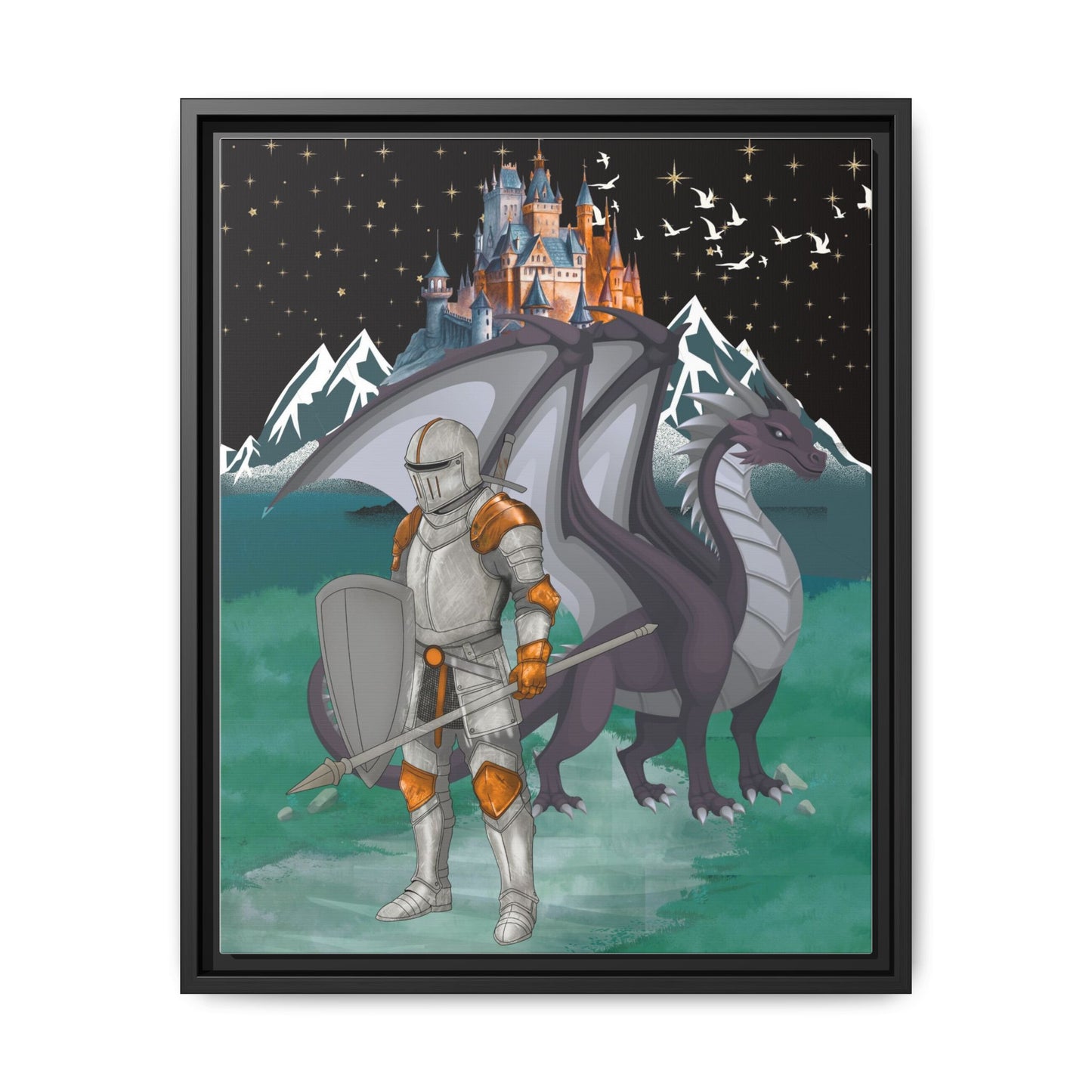 Knight and Dragon Fantasy Art, Framed Matte Canvas