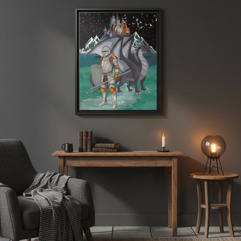 Knight and Dragon Fantasy Art, Framed Matte Canvas Printify