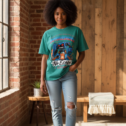 Future Robot Dystopia Graphic Snow Washed Oversized Cotton Unisex T-Shirt
