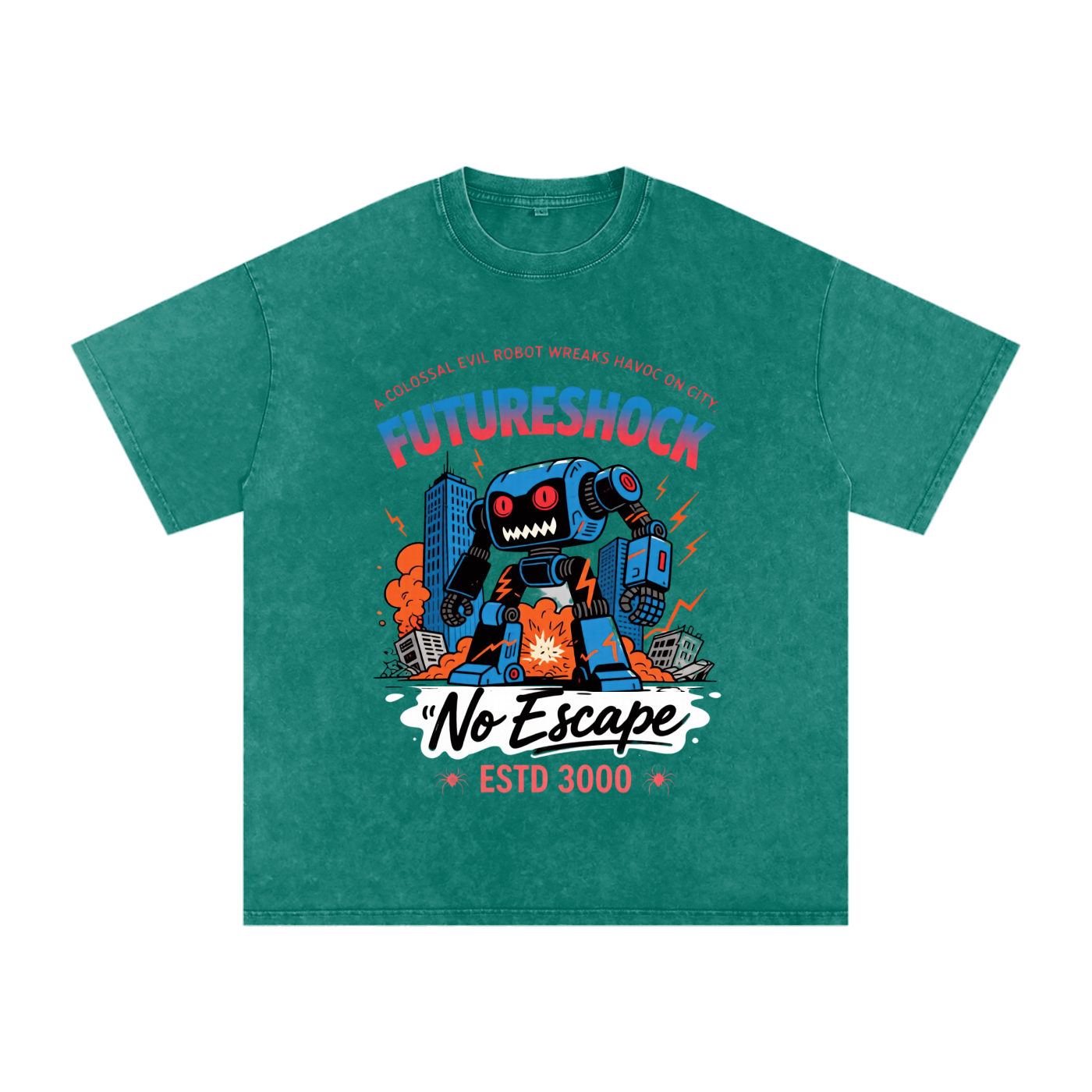 Future Robot Dystopia Graphic Snow Washed Oversized Cotton Unisex T-Shirt