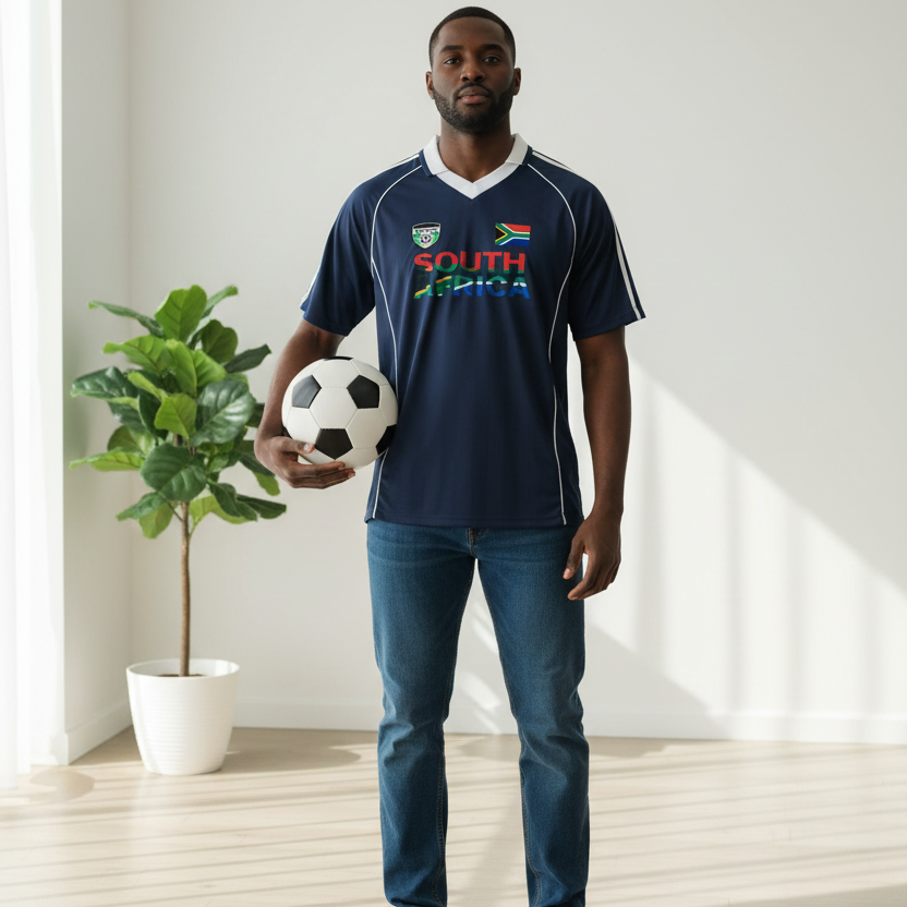 South African Flag Themed Graphic  Stripe Collared Soccer Jersey