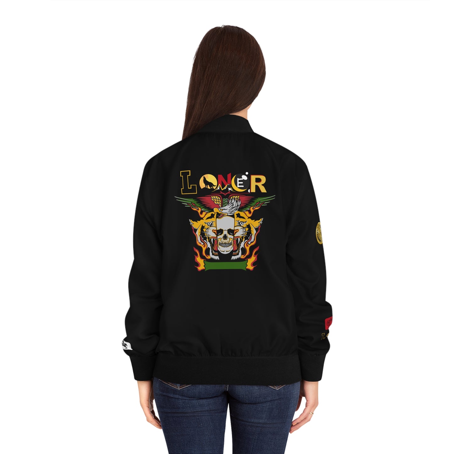 Skull Flames "Loner" Women's Bomber Jacket — Gothic Punk Graphic Outerwear