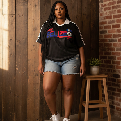 Belize  Flag Themed Contrast Collar Striped Unisex Soccer Jersey