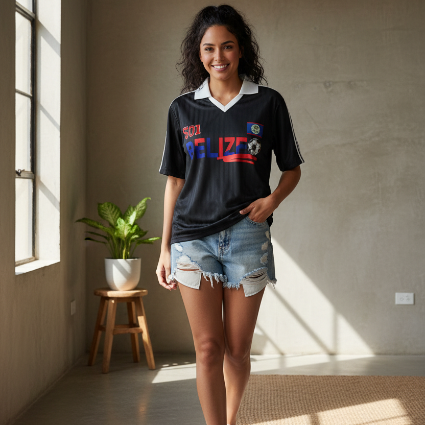 Belize  Flag Themed Contrast Collar Striped Unisex Soccer Jersey