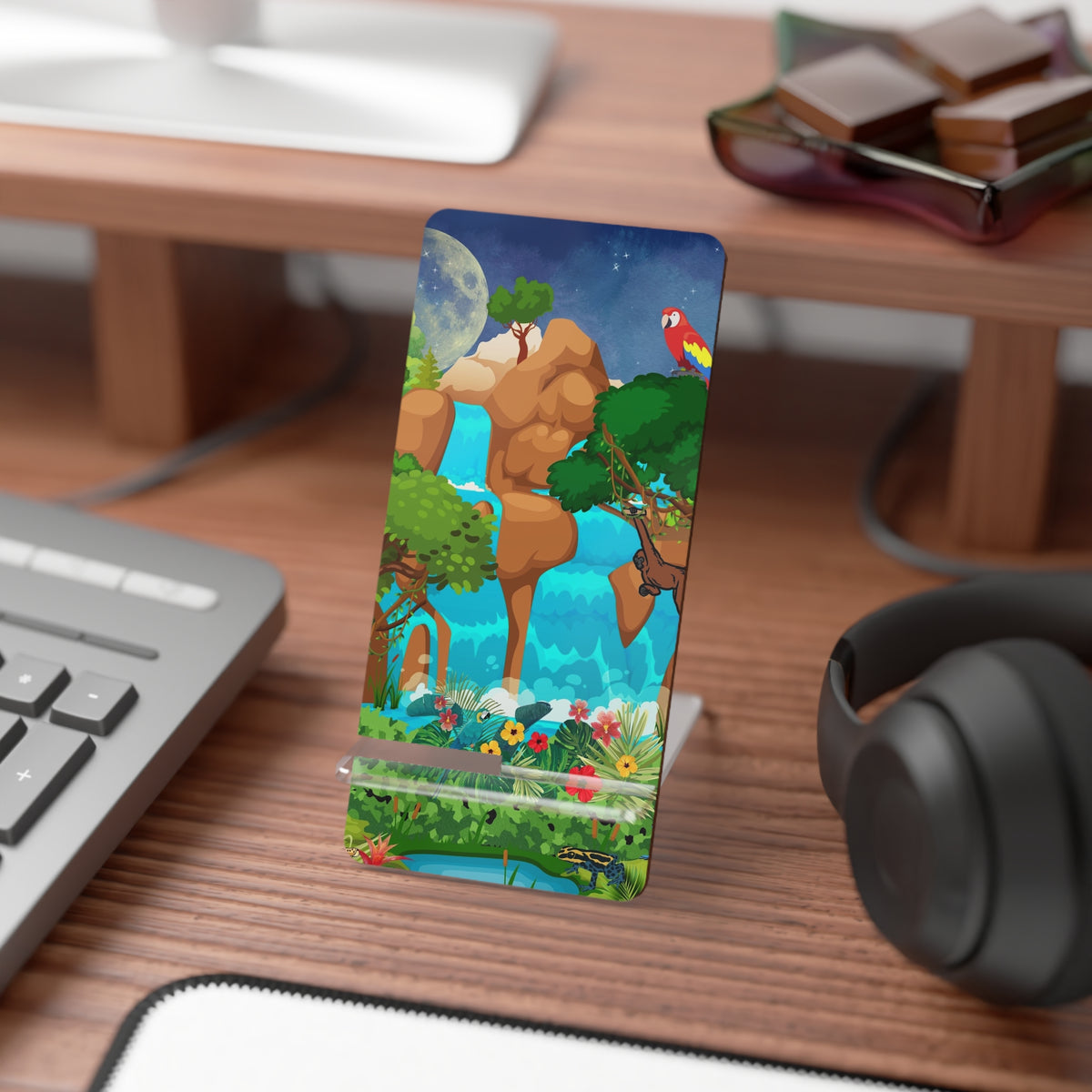 Tropical Waterfall Phone Stand — Colorful Parrot & Jungle Mobile Display Printify