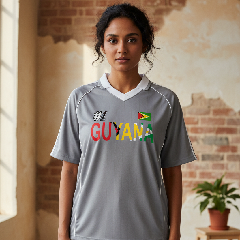 Guyana Flag Themed Unisex Graphic Shadow Stripe Collared Soccer Jersey
