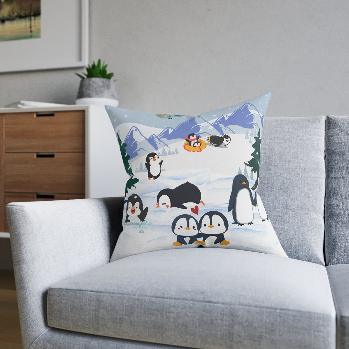 Cute Penguin Square Pillow, Cozy Winter Decor, Animal Lover Gift, Kids Room Accent Printify