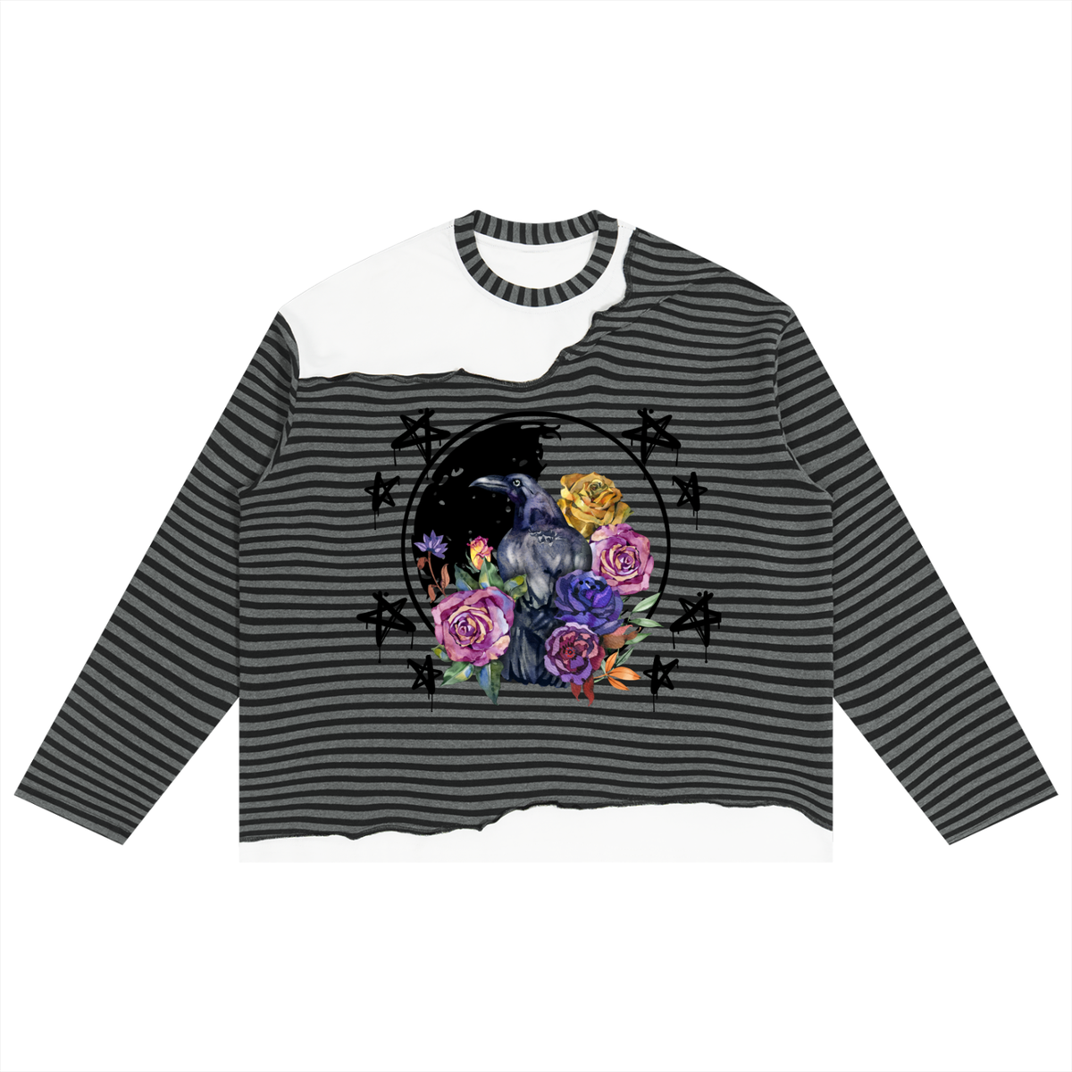 Gothic Raven Graphic Unisex Striped Panel Boxy Long Sleeve T-Shirt