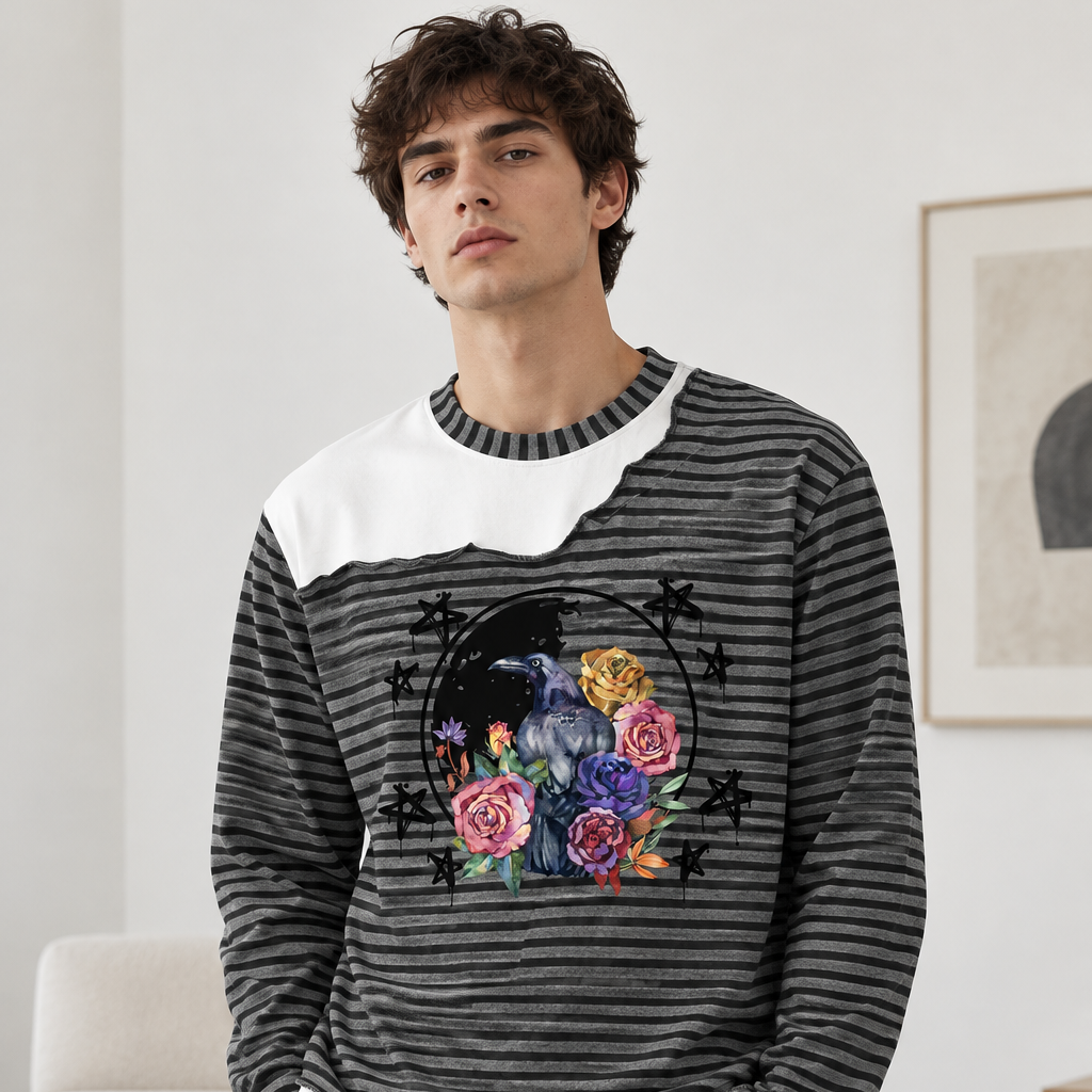 Gothic Raven Graphic Unisex Striped Panel Boxy Long Sleeve T-Shirt