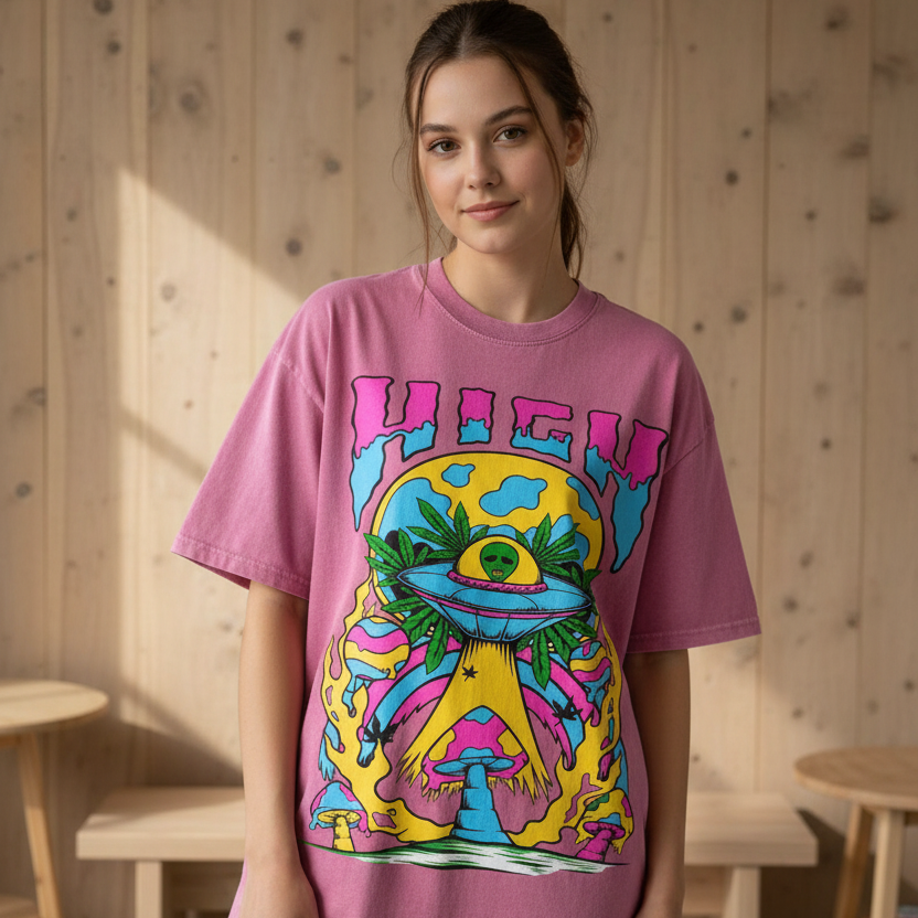 Graphic Alien Art Unisex Snow Washed Oversized Cotton T-Shirt