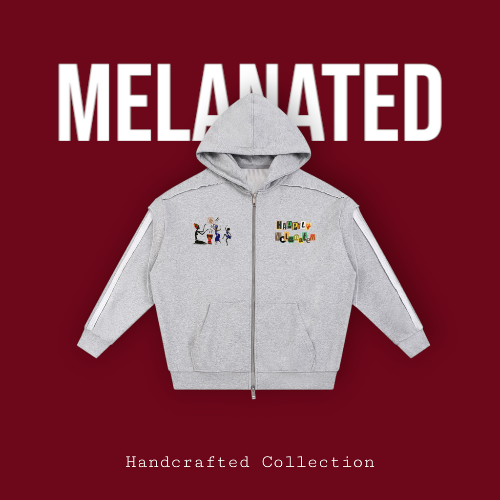Jazz Singer Graphic Double-Layered Zip-Up Hoodie, featuring contrast tape detailing and raw-edge accents. ODMPOD