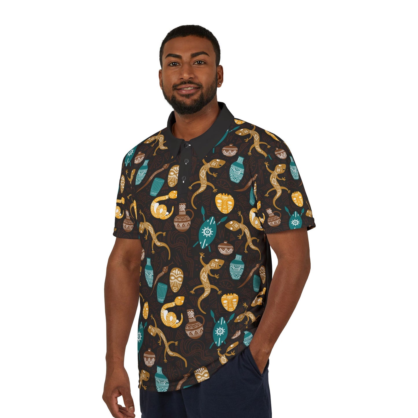 Safari Mask & Gecko Polo Shirt — Tropical Tribal Print Polo