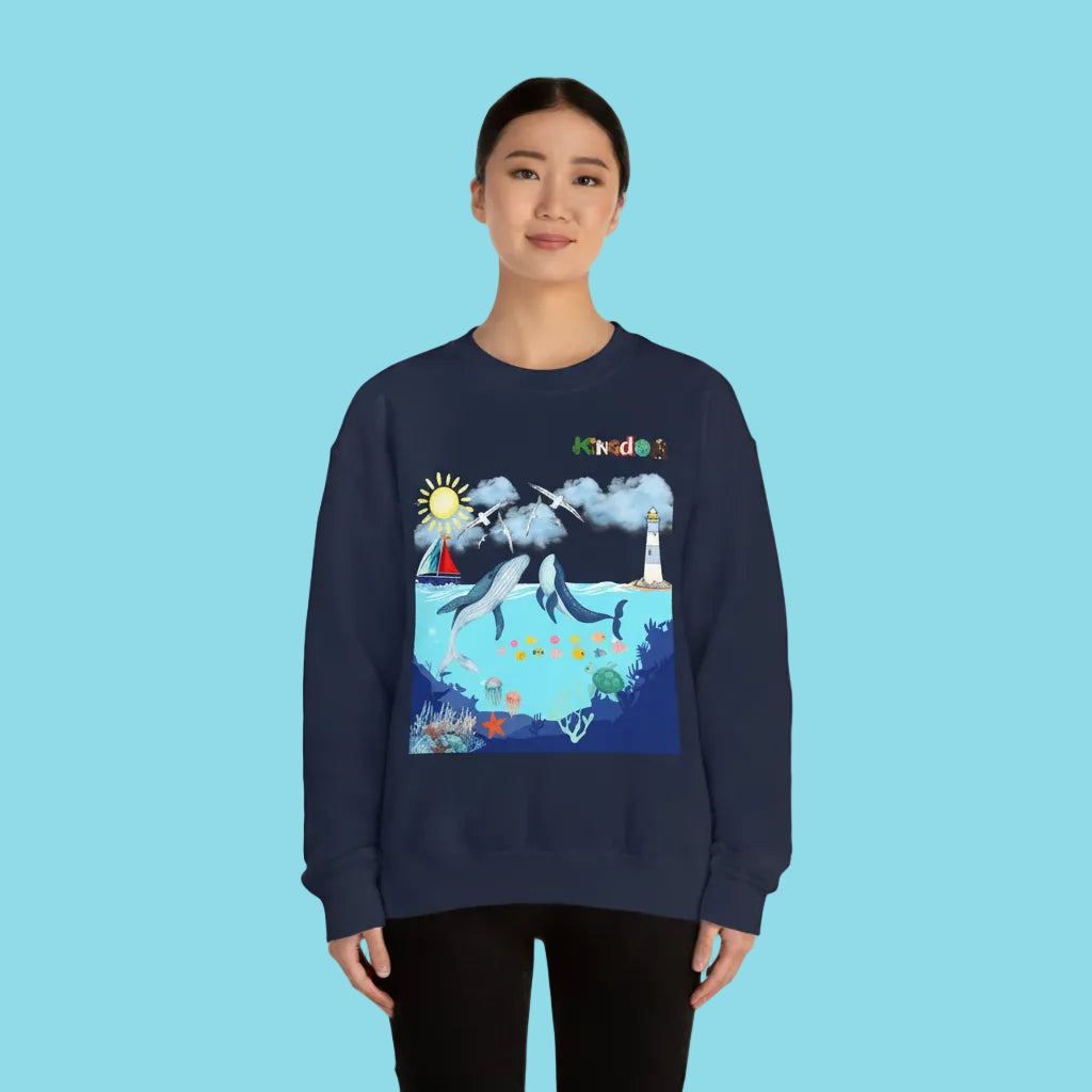 Kingdom Ocean Sweatshirt — Whale & Lighthouse Unisex Graphic Crewneck Sweater Printify