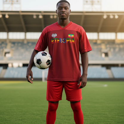 Ethiopia Flag Themed Graphic Mesh V-Neck Soccer Jersey