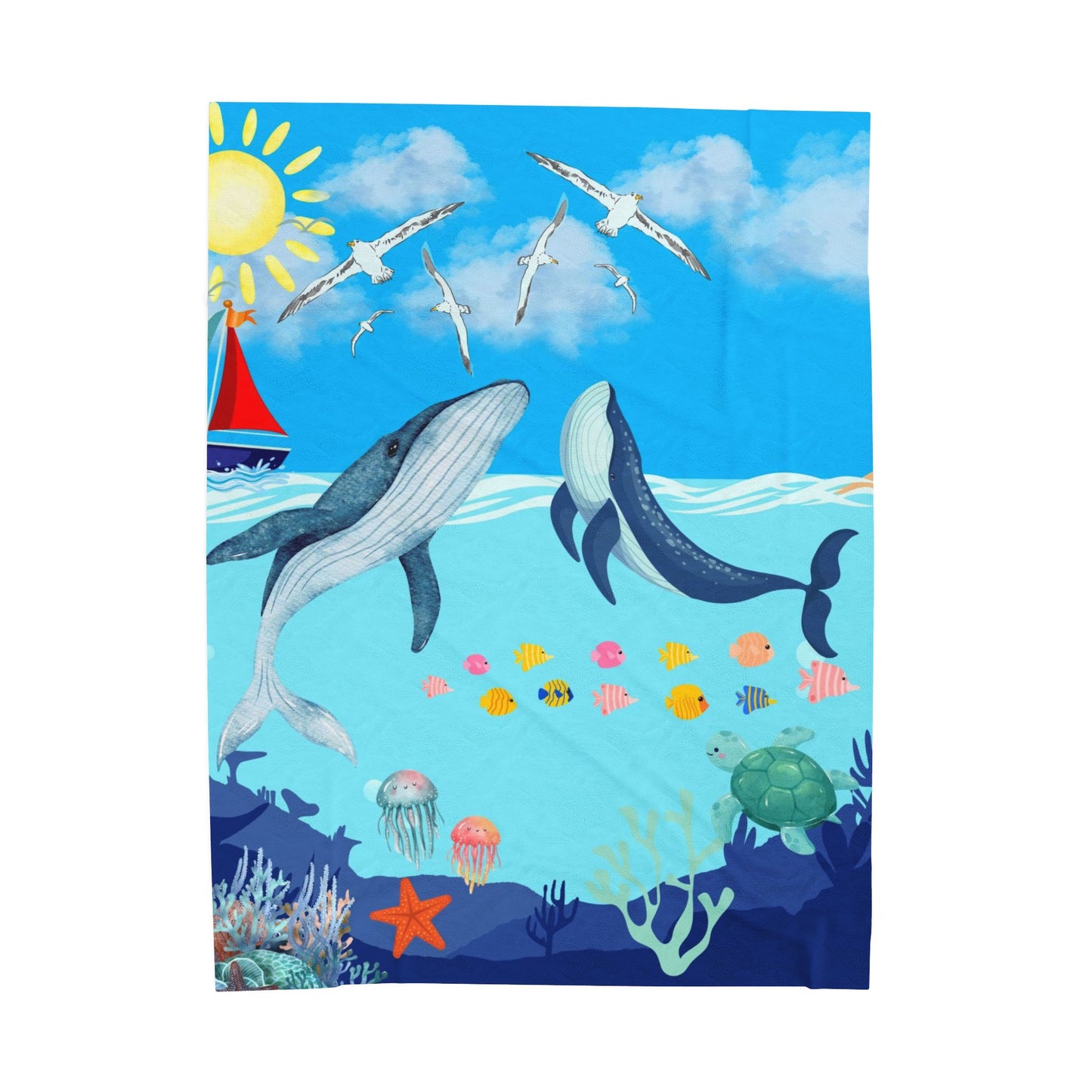 Whale & Ocean Scene Velveteen Plush Blanket – Cozy Decor for Ocean Lovers & Kids