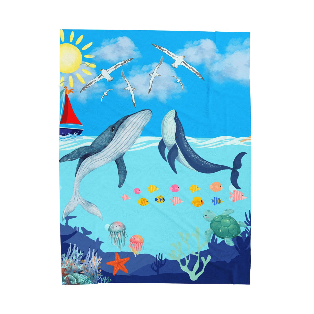 Whale & Ocean Scene Velveteen Plush Blanket – Cozy Decor for Ocean Lovers & Kids Printify