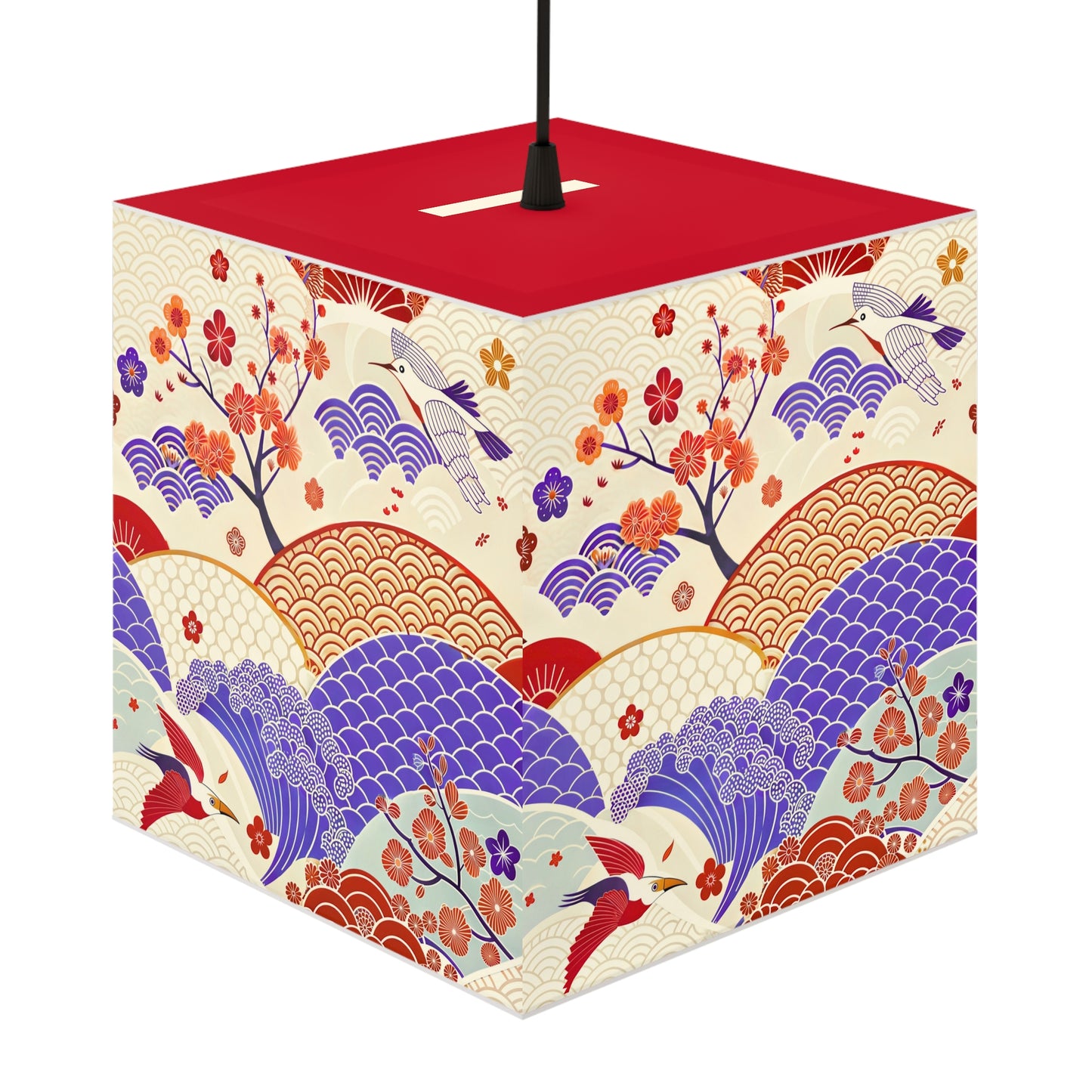 Japanese Wave & Crane Light Cube Lamp — Floral Origami Pattern Ambient Pendant
