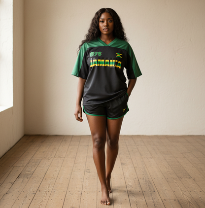 Jamaican Flag Themed Graphic Mesh V-Neck Soccer Jersey