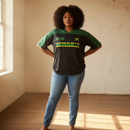 Jamaican Flag Themed Graphic Mesh V-Neck Soccer Jersey