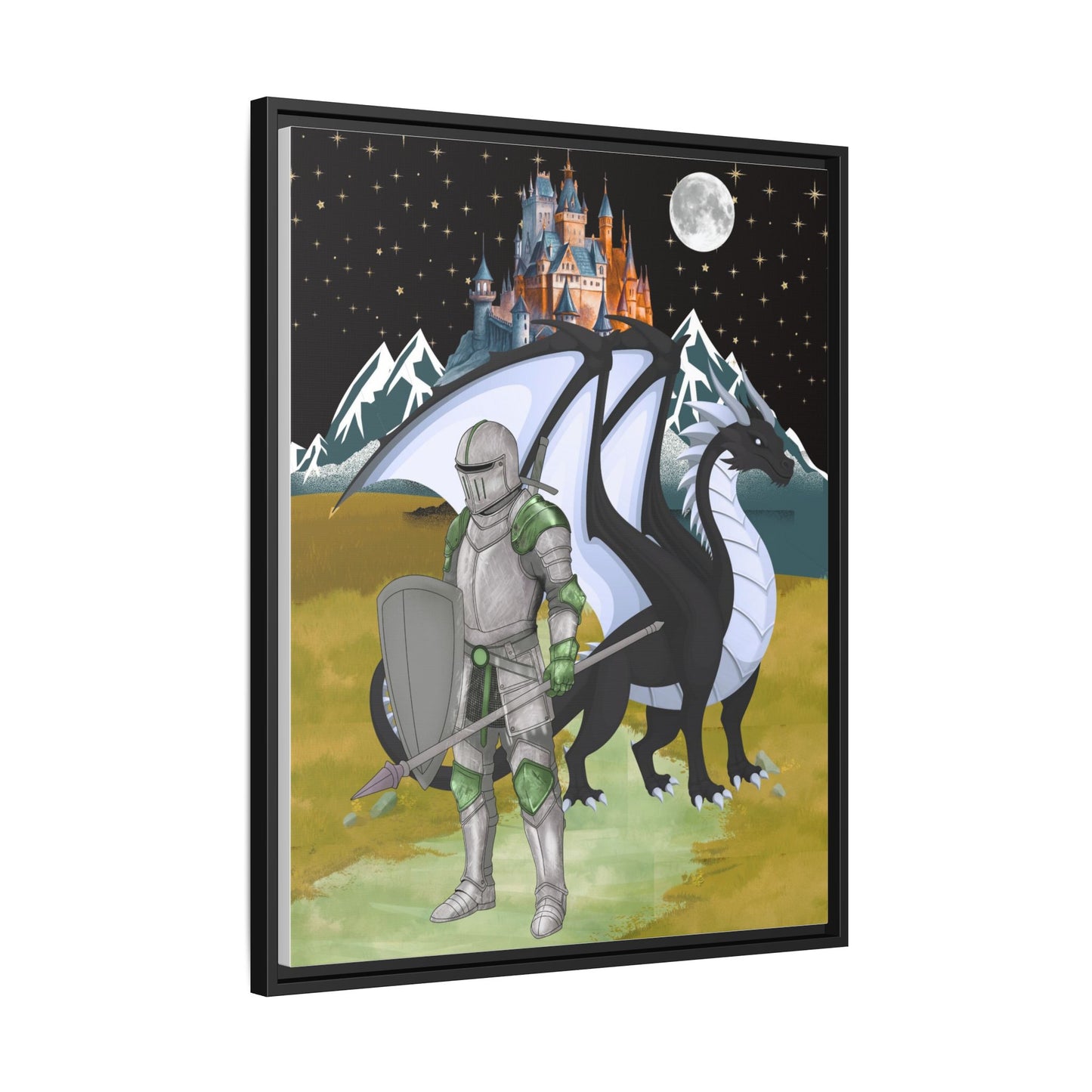 Framed Matte Canvas - Knight and Dragon Fantasy Art