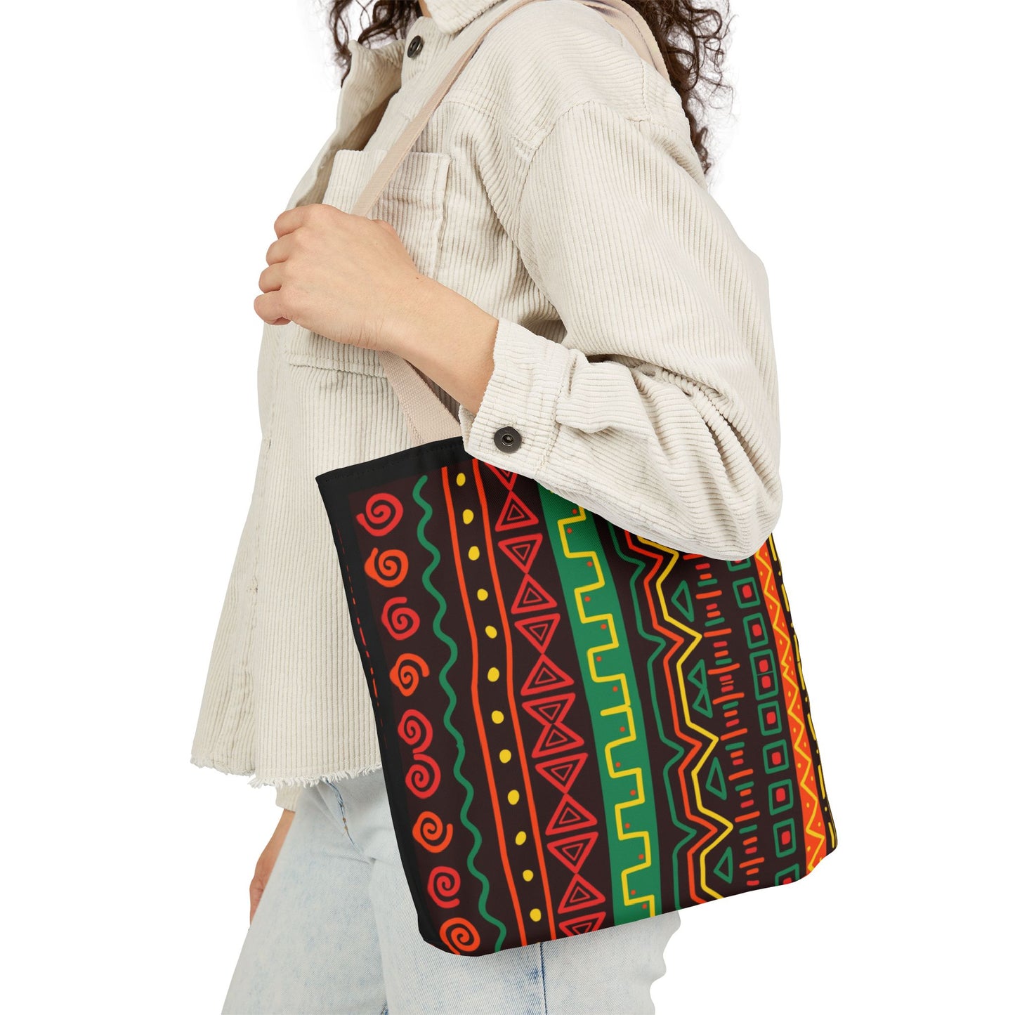 Afrocentric Pattern Canvas Tote — Colorful Tribal Stripe Beach & Market Bag