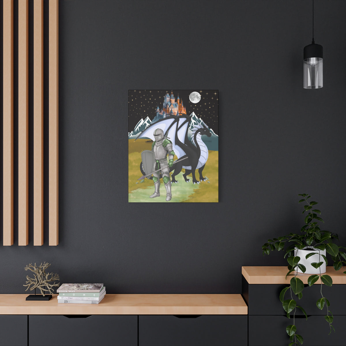 Medieval Knight & Dragon Castle Night Matte Stretched Canvas Printify