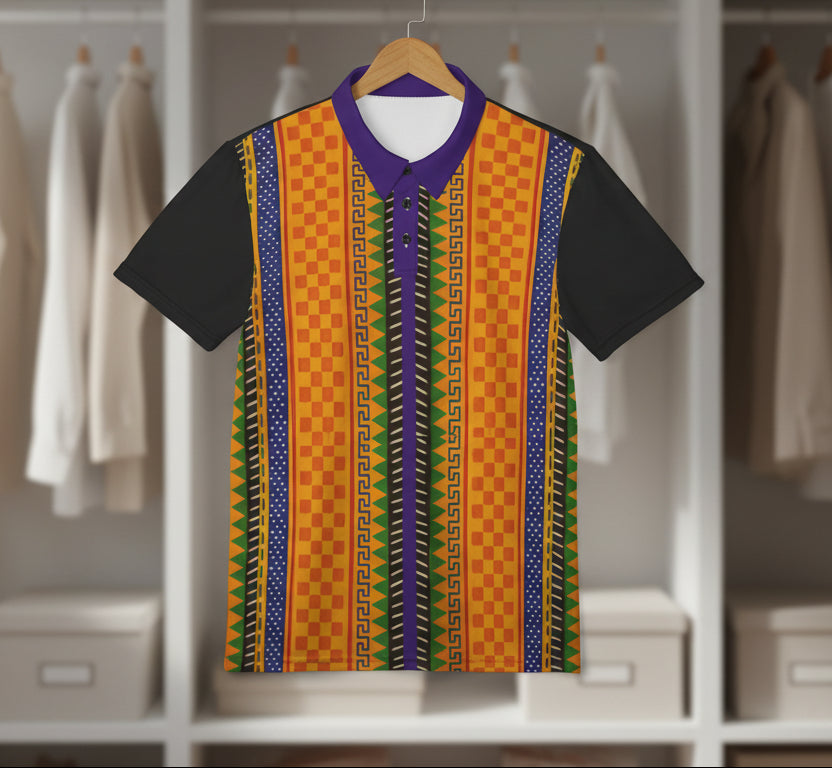 African Kente Stripe Polo Shirt — Vibrant Cultural Print Golf Polo