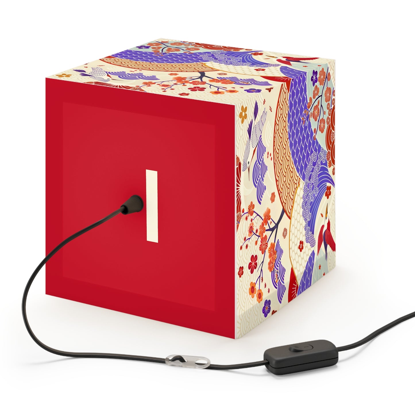 Japanese Wave & Crane Light Cube Lamp — Floral Origami Pattern Ambient Pendant