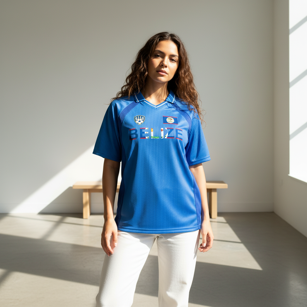 Belize Flag Themed Graphic Unisex Striped V-Neck Soccer Jersey