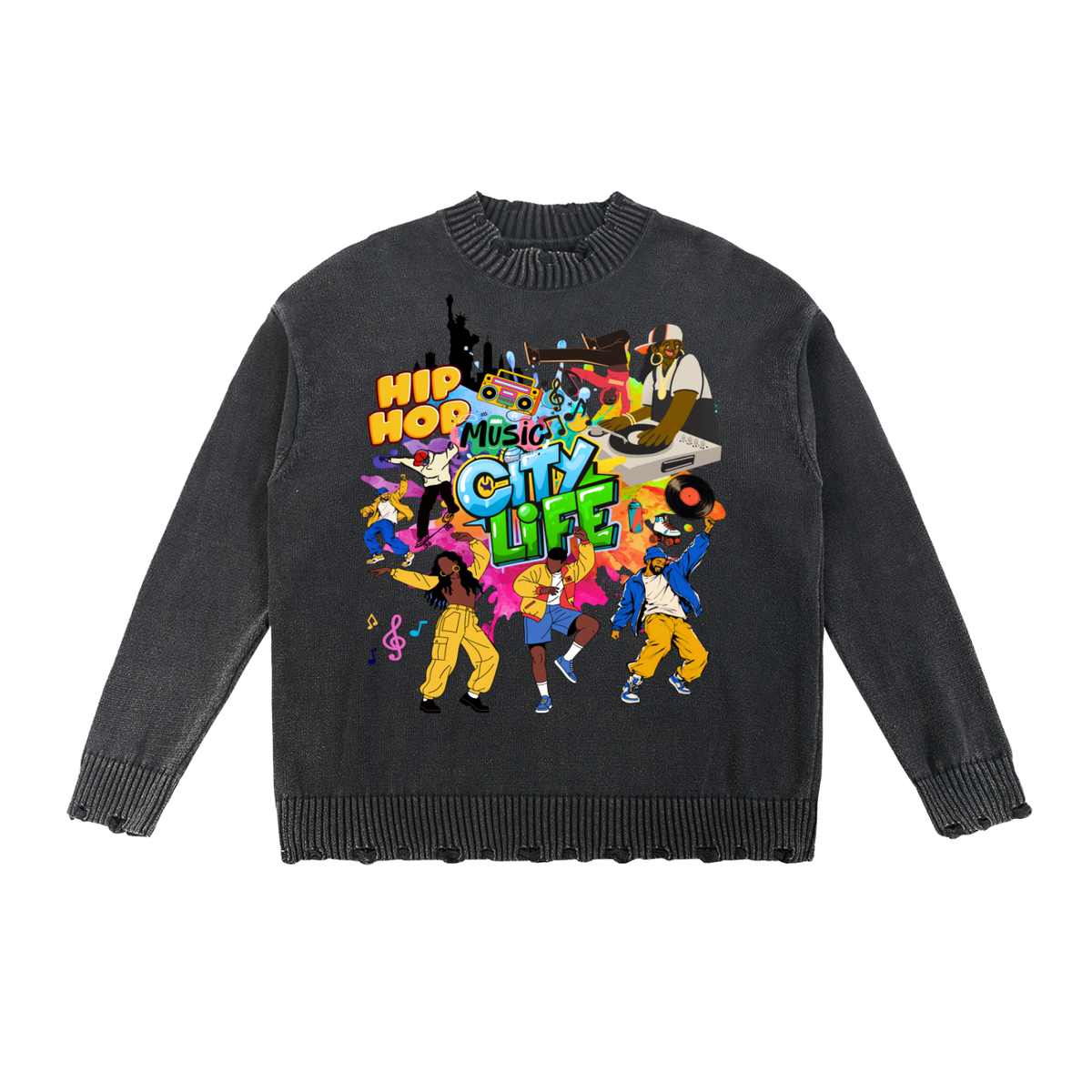 City Life Graphic Unisex Vintage Washed Hand-Frayed Sweater