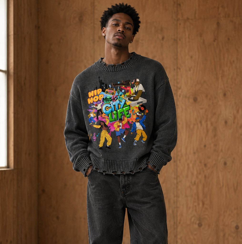 City Life Graphic Unisex Vintage Washed Hand-Frayed Sweater