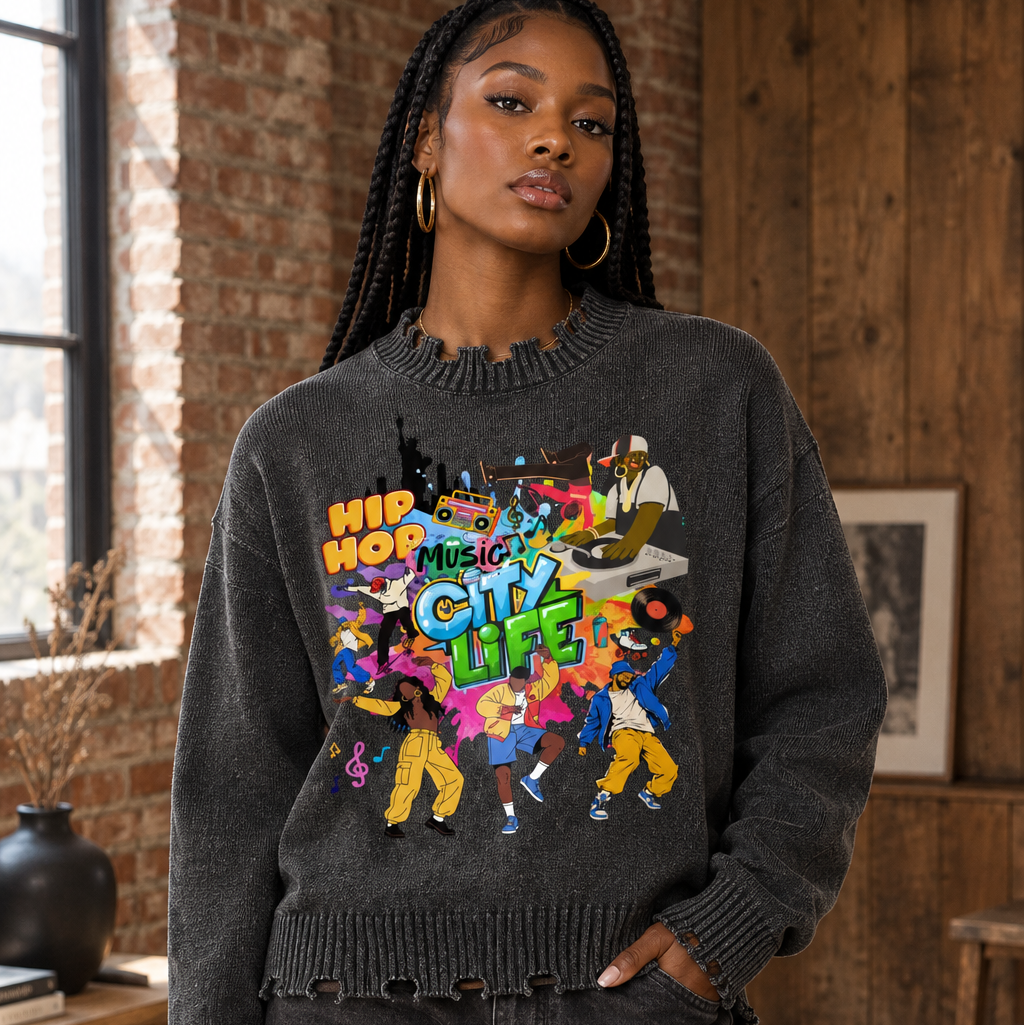 City Life Graphic Unisex Vintage Washed Hand-Frayed Sweater