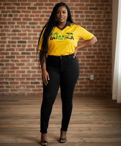 Jamaican Flag Themed Unisex Graphic Contrast Collar Striped Soccer Jersey