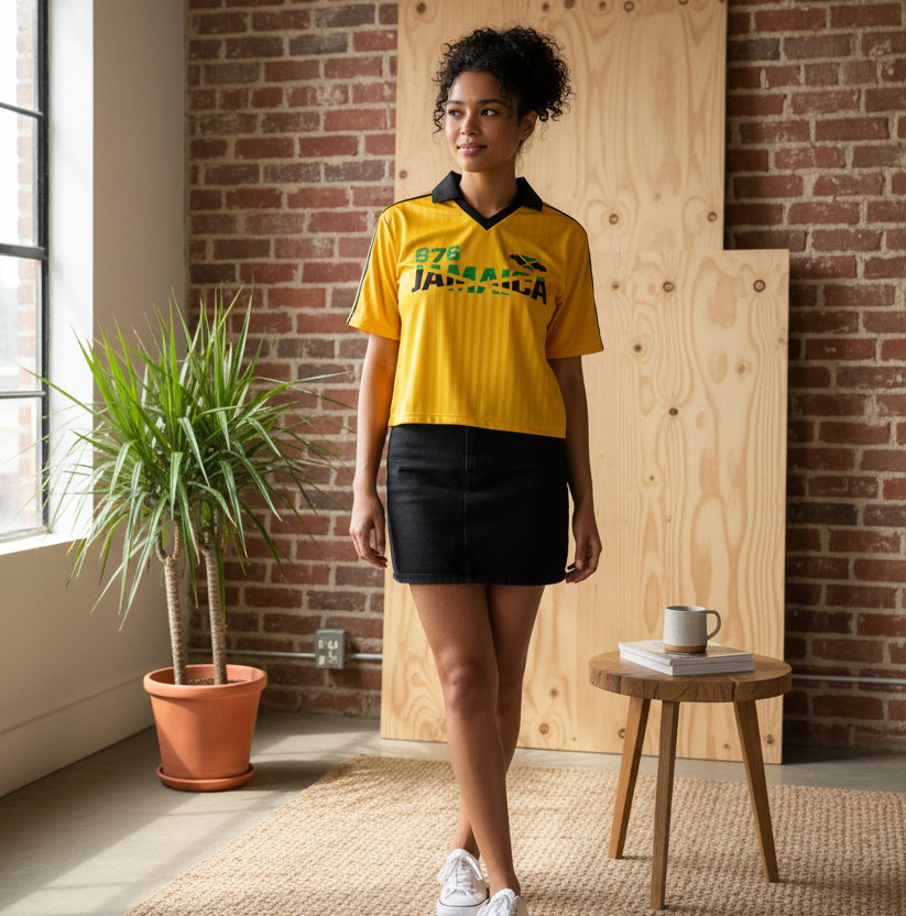 Jamaican Flag Themed Unisex Graphic Contrast Collar Striped Soccer Jersey