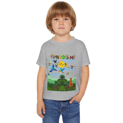 Toddler T‑Shirt — "Kingdom" Jungle Animals Design (Colorful Birds & Sunshine)