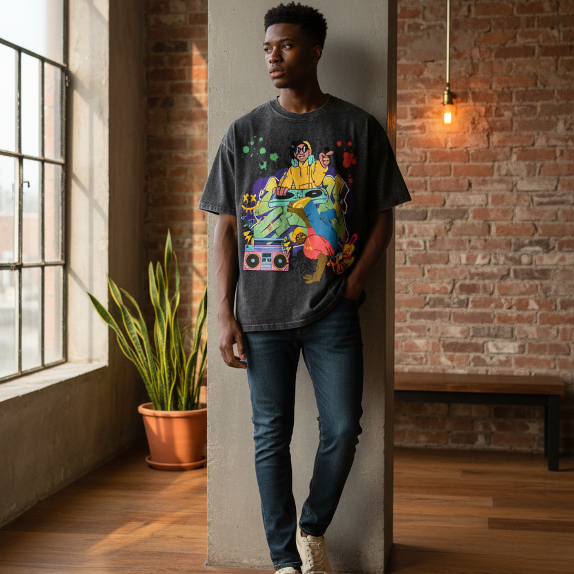 Graffiti DJ Art Graphic Unisex Snow Washed Oversized Cotton T-Shirt