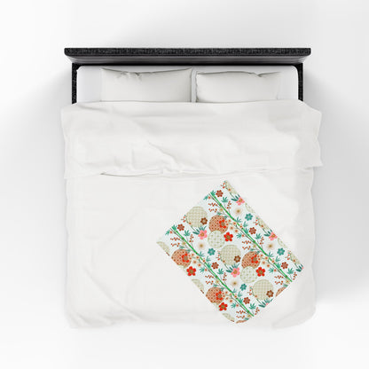 Floral Japanese Circle Velveteen Plush Blanket — Soft Retro Blossom Throw